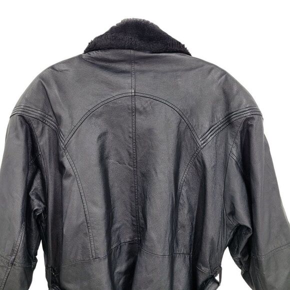 Vintage 80s Wilsons Leather Bomber Flight Jacket L Black Sherpa Trim Belted Zip - Picture 11 of 16